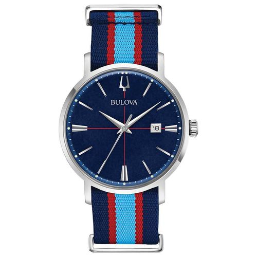Men's Quartz Watch - Classic Blue Dial Date Display Striped Nylon Strap / 96B315 - Bulova - Modalova