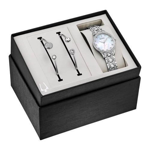 Women's Steel Bracelet Watch Set - Crystal White MOP Dial / 96X145 - Bulova - Modalova