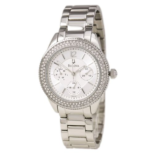 N102 Women's Dress Crystal Accented Bezel Silver Dial Steel Bracelet Watch - Bulova - Modalova