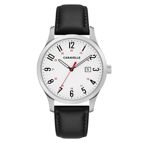 B152 Men's Quartz White Dial Black Leather Strap Watch - Caravelle - Modalova