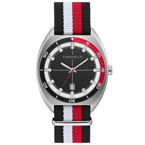 Men's Strap Watch - Quartz Black and Red Bezel Striped Nylon / 43B168 - Caravelle - Modalova