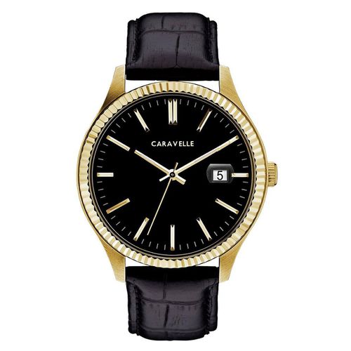 Men's Strap Watch - Quartz Serrated Edge Bezel Black Dial Leather / 44B118 - Caravelle - Modalova