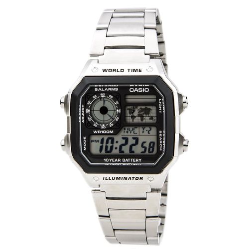 AE1200WHD-1A Unisex Classic Casual Grey Digital Dial World Time Steel Watch - Casio - Modalova