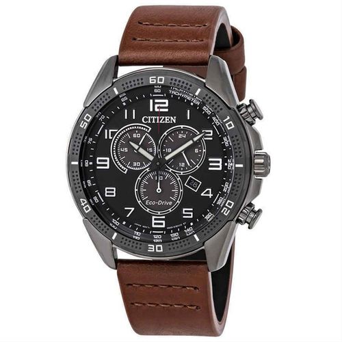 Men's Chronograph Watch - Drive Black & Grey Dial Brown Strap / AT2447-01E - Citizen - Modalova