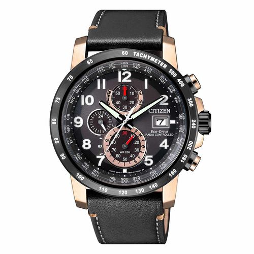 Men's Chronograph Watch - Radio-Controlled Eco-Drive Black Leather Strap / AT8126-02E - Citizen - Modalova