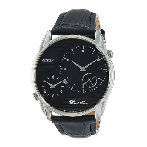 Men's Dual Time Watch - Quartz Black Dial Leather Strap / AO3009-04E - Citizen - Modalova