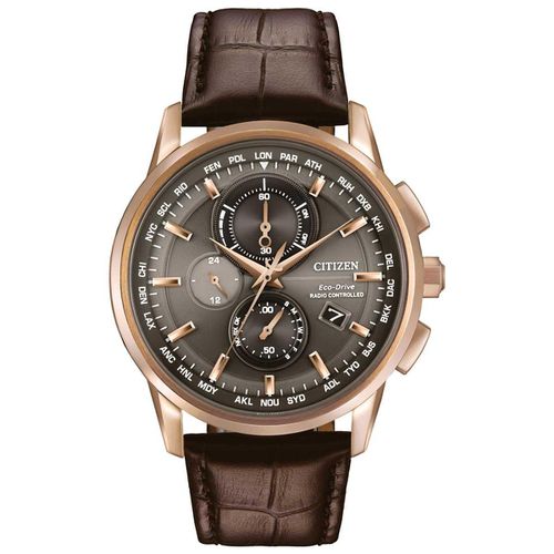 AT8113-04H Men's World Chronograph A-T Eco-Drive Grey Dial Brown Leather Strap Watch - Citizen - Modalova