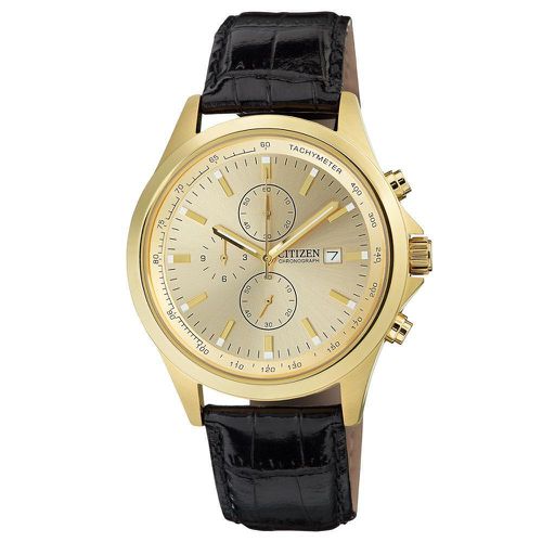 AN3512-03P Men's Gold Tone Dial Gold Plated Steel Leather Strap Chronograph Watch - Citizen - Modalova