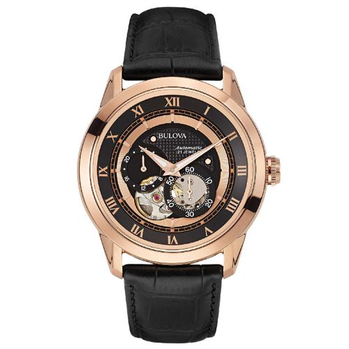 A116 Men's Automatic Black Dial Rose Gold Plated Steel Black Leather Strap Watch - Bulova - Modalova