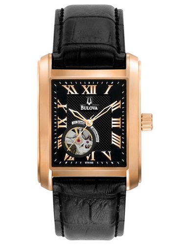 A105 Men's Automatic Rose Gold Open Heart Black Dial Watch - Bulova - Modalova