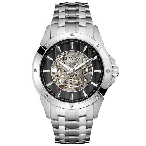 A170 Men's Black & Silver Skeleton Dial Steel Bracelet Automatic Watch - Bulova - Modalova