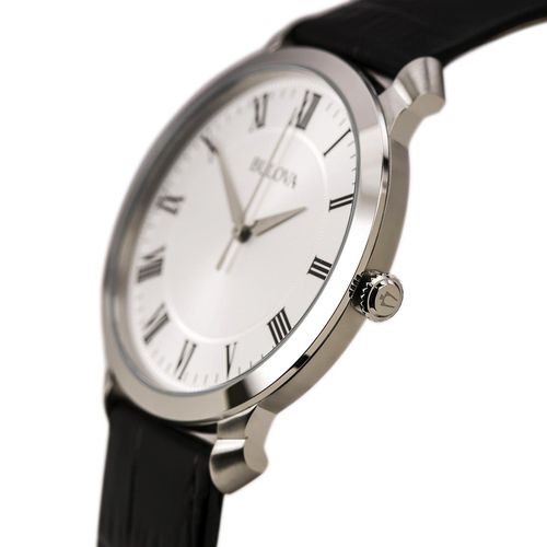 A133 Men's Stainless Steel Black Leather Strap Silver Dial Watch - Bulova - Modalova