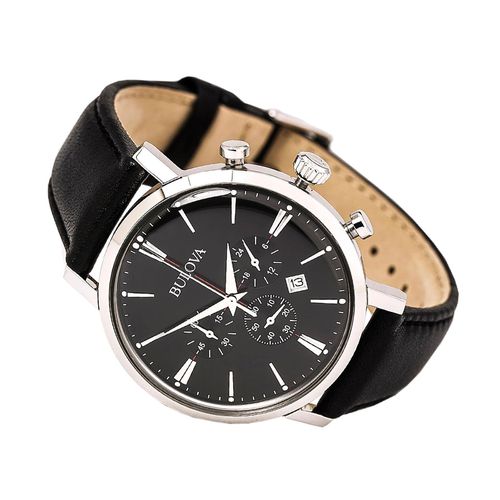 B262 Men's Classic Black Dial Black Leather Strap Chronograph Watch - Bulova - Modalova