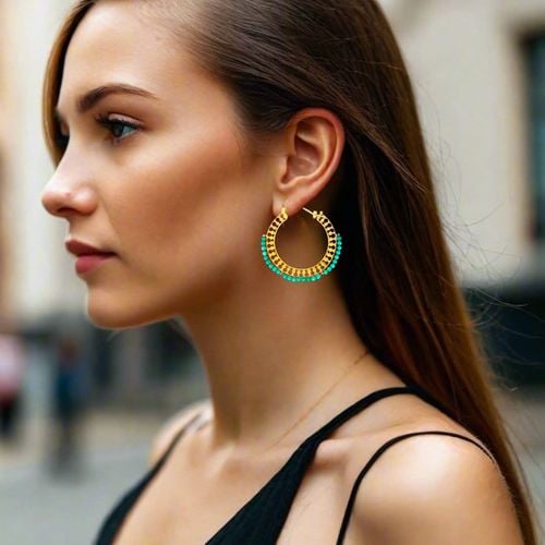 Gold Plated Silver Hoop Earrings With Green Agate - Dougeni Mini - Modalova