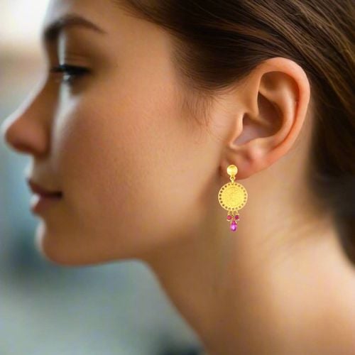 Gold Plated Silver Earrings Coins With Gemstones - Zina - Modalova