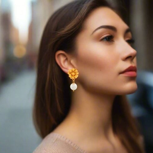 Chrysanthemum Earrings With Pearls - Thallo - Modalova