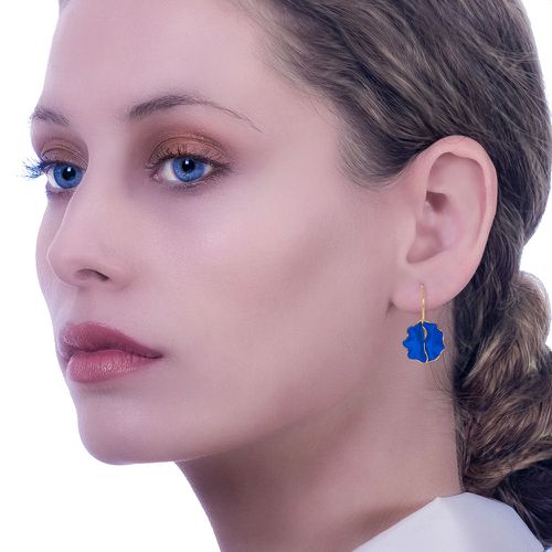 Gold Plated Silver Blue Pancy Flower Earrings - Stavros - Modalova
