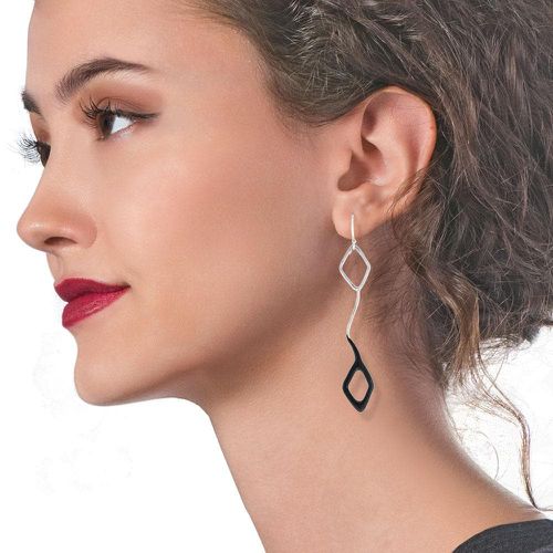 Silver Long Dangle Earrings With Black Enamel - Athena Papa - Modalova