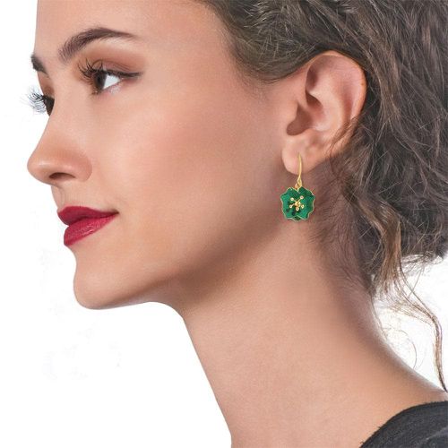 Handmade Gold Plated Silver Green Flower Earrings - Stavros - Modalova