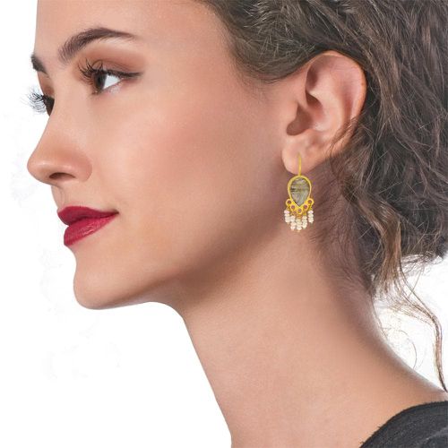Gold Earrings With Rutile & Pearls - Tonia Makri - Modalova