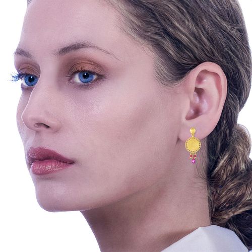 Gold Plated Silver Earrings Coins With Gemstones - Zina - Modalova