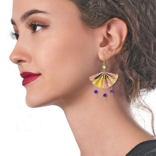 Origami Earrings Yellow Pink Fans With Gemstones - La Lupa Designs - Modalova