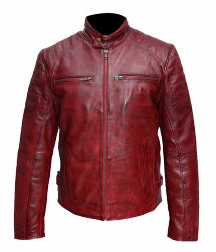 Maroon Sheep Wax Biker Leather Jacket - Feather skin - Modalova