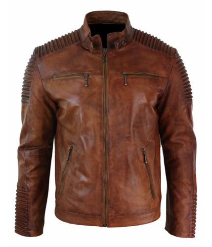 Men's Biker Vintage Motorcycle Distressed Brown Cafe Racer Leather Jacket - Feather skin - Modalova