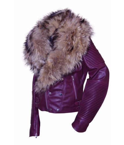 Women's Sheepskin Fashion Leather Jacket Burgundy Color with Genuine Fox Fur - Feather skin - Modalova