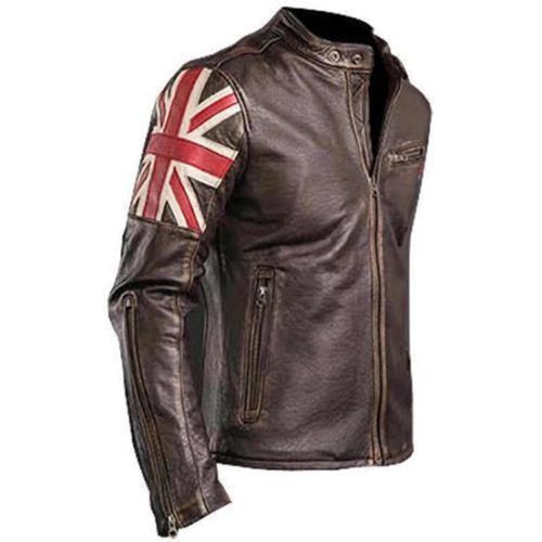 UK Flag Cafe Racer Antique Brown Style Genuine Leather Motor Bike Stylish Jacket - Feather skin - Modalova