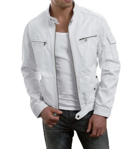 Men's Biker White Leather Jacket - Feather skin - Modalova