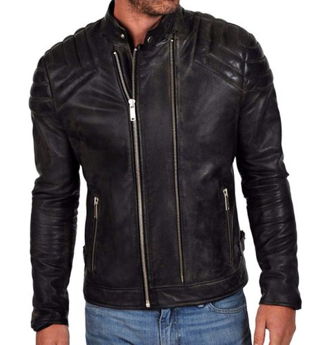 Men's Biker Style Motorbike Genuine Leather Jacket BK032 - Feather skin - Modalova