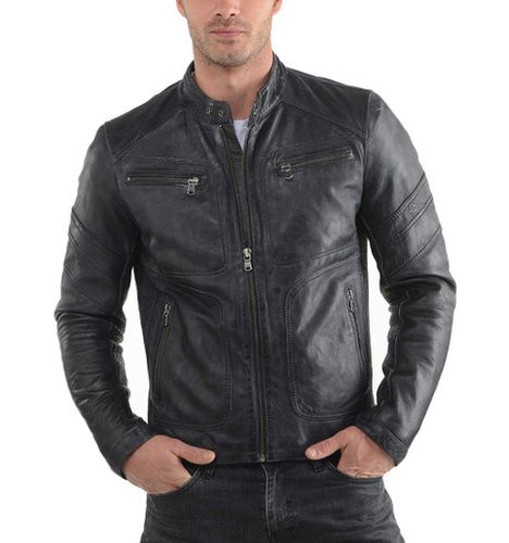 Men's Biker Style Motorbike Genuine Leather Jacket BK038 - Feather skin - Modalova