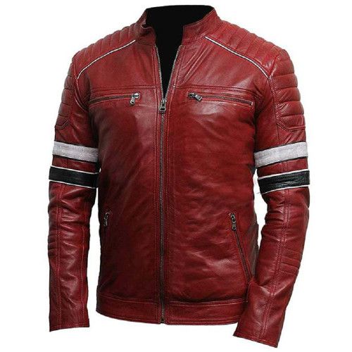 Retro Style Cafe Racer Genuine Leather Jacket Red - Feather skin - Modalova
