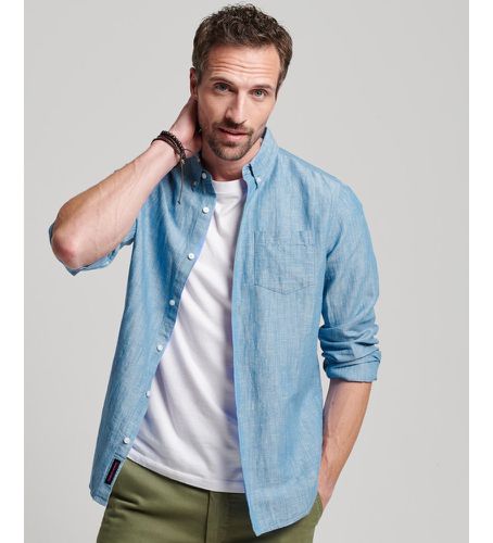 M4010696A Studios Linen & Organic Cotton Button Down Collared Shirt (S), Bleu, Casuel, Manche longue - Superdry - Modalova