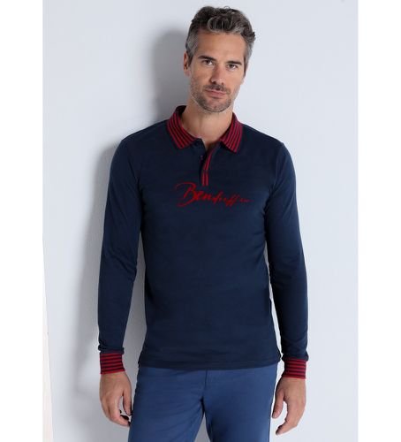 Til mænd. 830575292 - Kortærmet poloshirt med navy jacquardkrave (S), Casual, Bomuld, Klassisk, Korte ærmer, Blå - Bendorff - Modalova