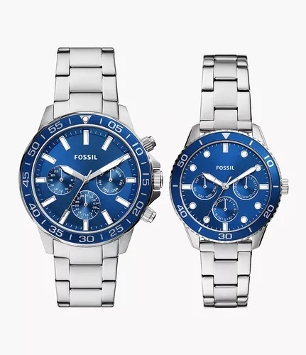 Box-Set His and Hers Uhr Multifunktionswerk Edelstahl - Fossil Outlet - Modalova