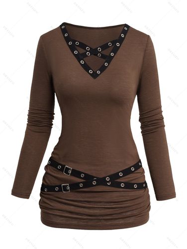 Dresslily Women Women Long Sleeve V Neck Belt Casual Solid Color Top Clothing Xxl / us 14 - DressLily.com - Modalova