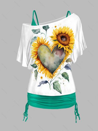 Women Sunflower Heart Leaf Print Oblique Shoulder T Shirt And Cinched V Neck Spaghetti Strap Two Piece Set Clothing L / us 8 - DressLily.com - Modalova