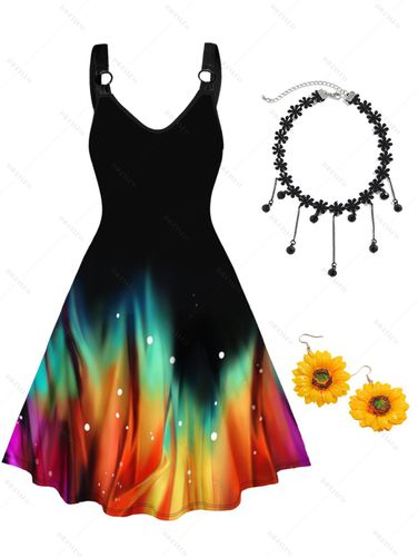 Dresslily Colorful Print V Neck O Ring Dress And Gothic Tassel Lace Choker Necklace 3D Sunflower Drop Earrings Outfit S / us 4 - DressLily.com - Modalova