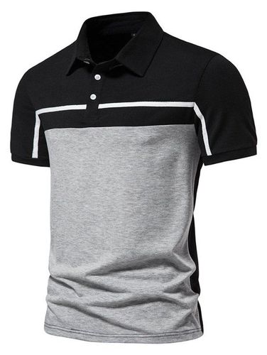 Men T-Shirts Summer Casual T Shirt Contrast Colorblock Half Button Short Sleeve Turn Down Collar Tee Clothing Online M - DressLily.com - Modalova