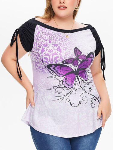 Dresslily Fashion Women Plus Size Bohemian Raglan Casual T Shirt Cinched Butterfly Print Short Sleeve Summer Tee Clothing 3x - DressLily.com - Modalova