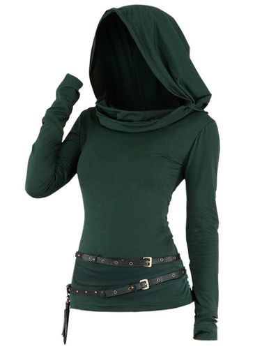 Dresslily Women Long Sleeve Solid Color Hooded Top Ruched Curved Hem Casual Top With Double Belts Clothing S - DressLily.com - Modalova