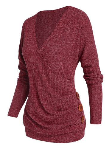 Women Textured Sweater Surplice Sweater Solid Color Mock Button V Neck Long Sleeve Sweater Clothing Xxxl - DressLily.com - Modalova