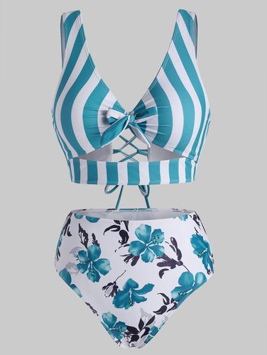Dresslily Women Plus Size Striped Floral Swimsuit Lace Up High Waisted Bikini Swimwear Set Swimsuit Beachwear 4x - DressLily.com - Modalova