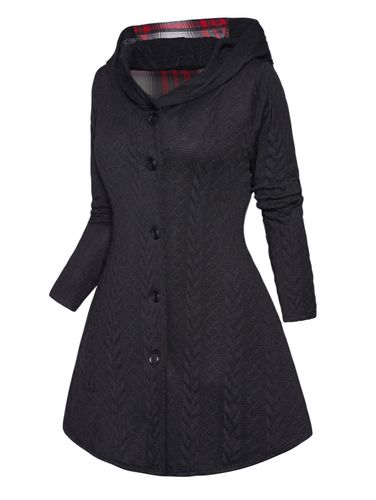 Women Cable Knit Coat Plaid Print Panel Hooded Coat Lace Up Full Sleeve Button Up Long Knitted Coat S - DressLily.com - Modalova