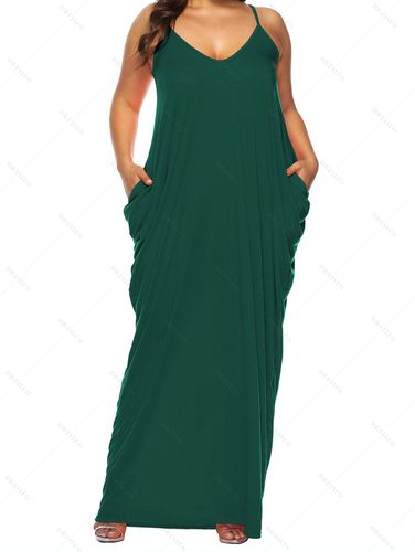 Fashion Women Plus Size Trapeze Dress Solid Color Pockets Spaghetti Strap Sleeveless Maxi Dress Clothing 1xl - DressLily.com - Modalova