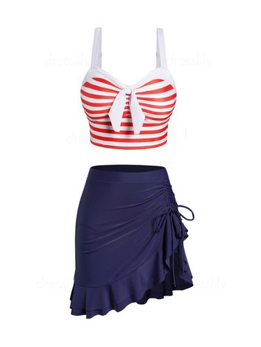 Dresslily Women Stripe Print Tankini Swimsuit Cinched Flounce Skorts Tankini Two Piece Swimwear Padded Bathing Suit Swimsuit S - DressLily.com - Modalova