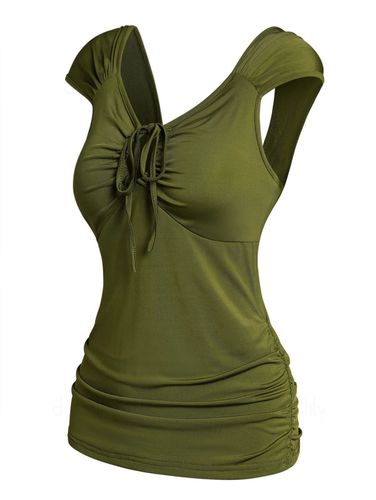Women Cinched Cut Out T-shirt Solid Color Cap Sleeve Ruched Casual Tee Clothing Xl - DressLily.com - Modalova