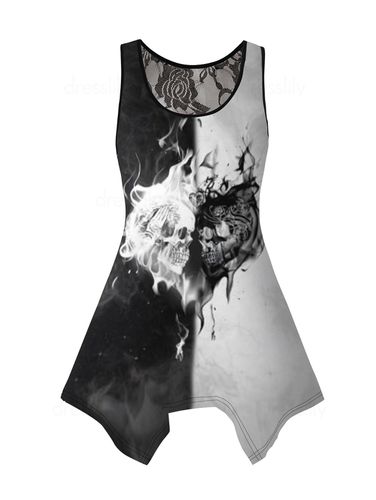 Dresslily Women Skull Print Colorblock Tank Top Asymmetrical Hem Lace Casual Top Clothing M - DressLily.com - Modalova